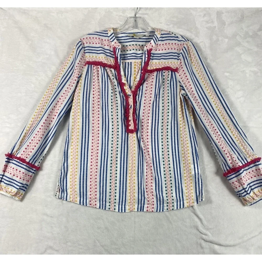 Boden Blouse Top Women Sz 4 Textured 100% Cotton Coastal‎ Boho Festival